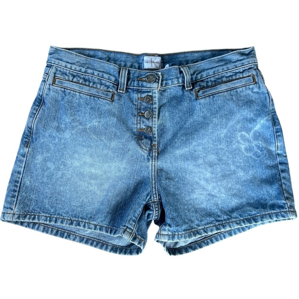 Vintage Y2K Calvin Klein Size 6 Bleach Dye Med Blue Wash Button Fly Denim Shorts